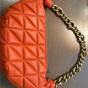 Zara Orange Quilted Leather Shoulder Gold Chain Bag.
